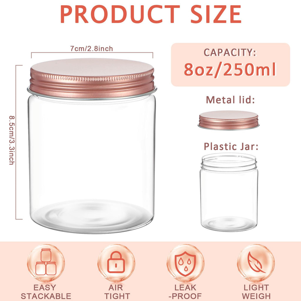24 Pcs 8 oz Plastic Jars with Lids Clear Round Food Jars with Rose Gold Lids Plastic Mason Jars Stackable Refillable