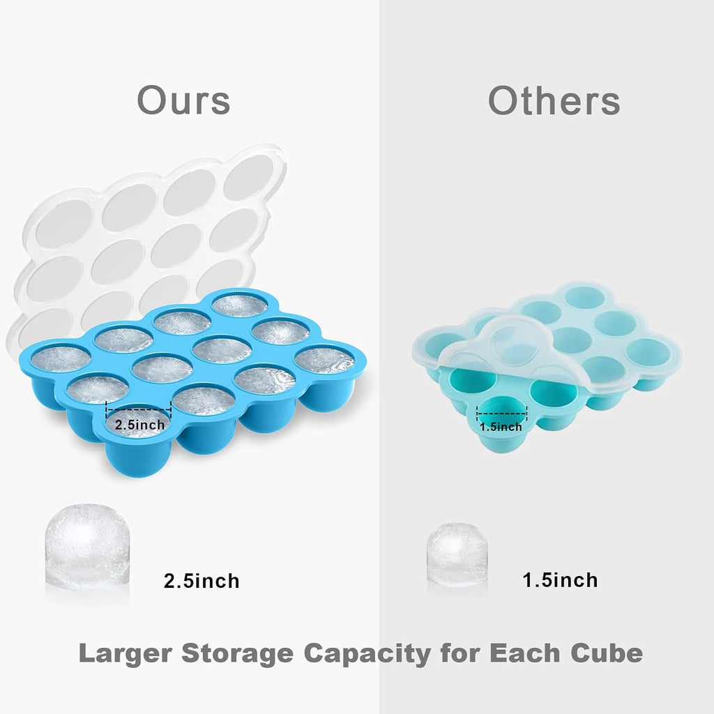 Food Storage Container, 12 Portions x 2.5oz - BPA Free Silicone Freezer Tray with Clip-On Lid for Breast Milk