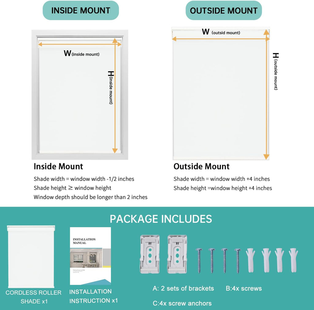 Blackout Roller Shades Cordless for Windows, 100% Room Darkening Window Blinds, Thermal Insulated UV Protection, Easy