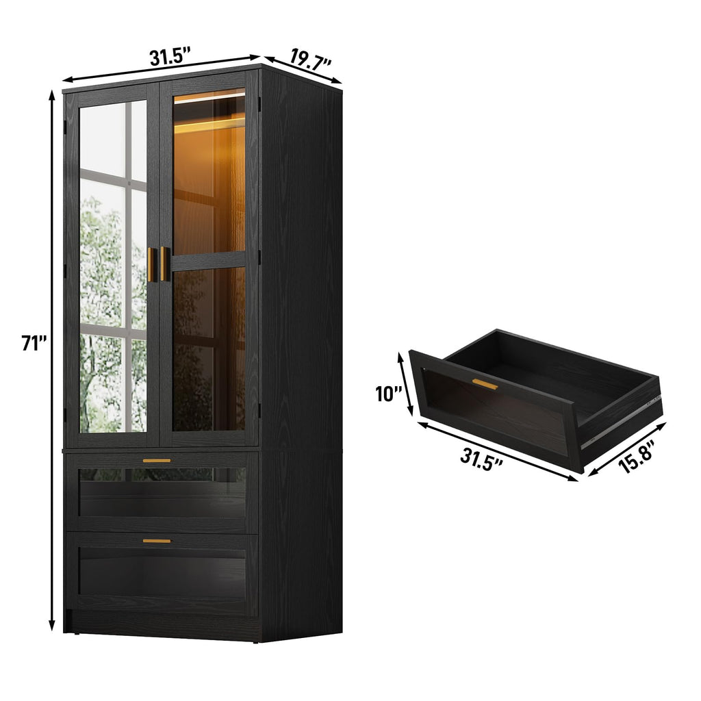 2 Doors Armoire Wardrobe Closet with LED and Mirror, 71" H Freestanding Wooden Wardrobe Closet Cabinet w 2