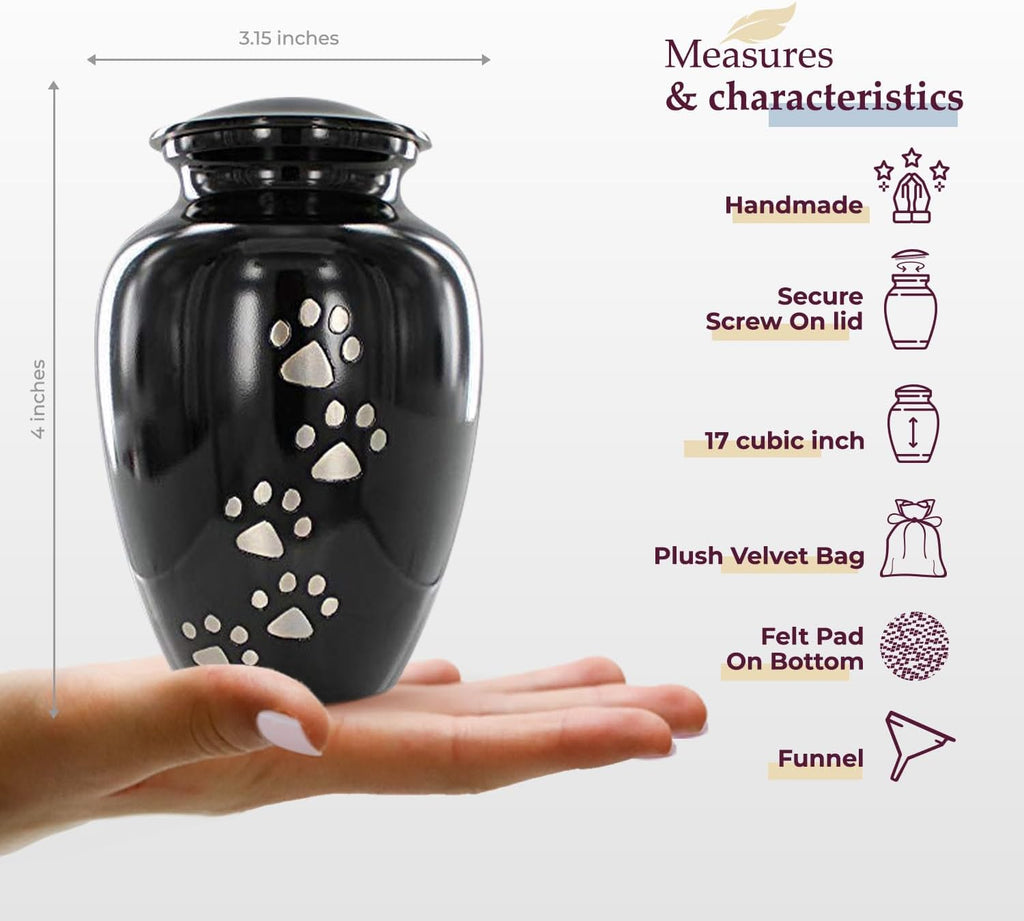 Pet Urn for Dogs and Cats Ashes, Paws Print Grey Cremation Urns for Pets - Black, Small Up to 17lb