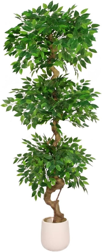 6FT Artificial Ficus Tree,Large Fake Tree with White Planter, Tall Faux Ficus Tree with Lifelike Leaves and Realistic