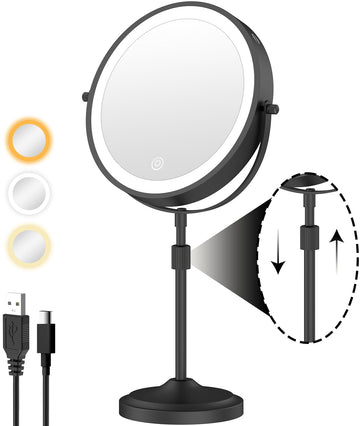 9" Tall Lighted Makeup Mirror with Lights and 1X 10X Magnification, Black
