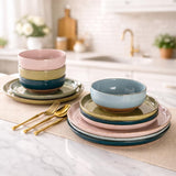 Ceramic Dinnerware Sets for 4, 12 Pieces Handpainted Plates and Bowls Set with Rustic Terracotta Underside