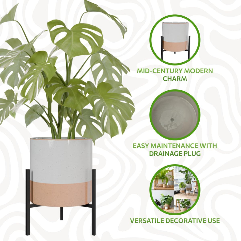 Mid-Century Modern Ceramic Planter with Plant Stand Indoor Decorative Plant Pot with Stand in Earthy Beige and White