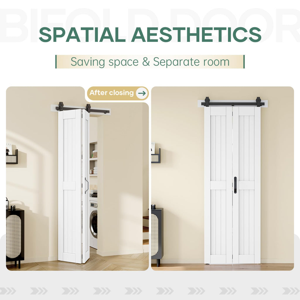 30x84in Bifold Barn Door with Hardware Kit, White Sliding Closet Doors 2 Panels with 34'' Track, Waterproof MDF