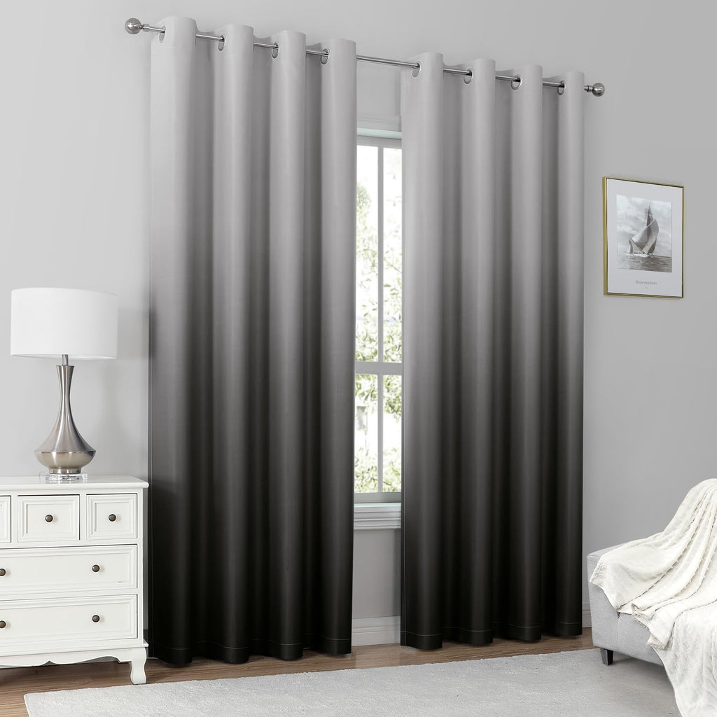 Black 100% Ombre Blackout Curtains, 52 X 84 Inches Long Room Darkening Gradient Light Blocking Thermal Insulated