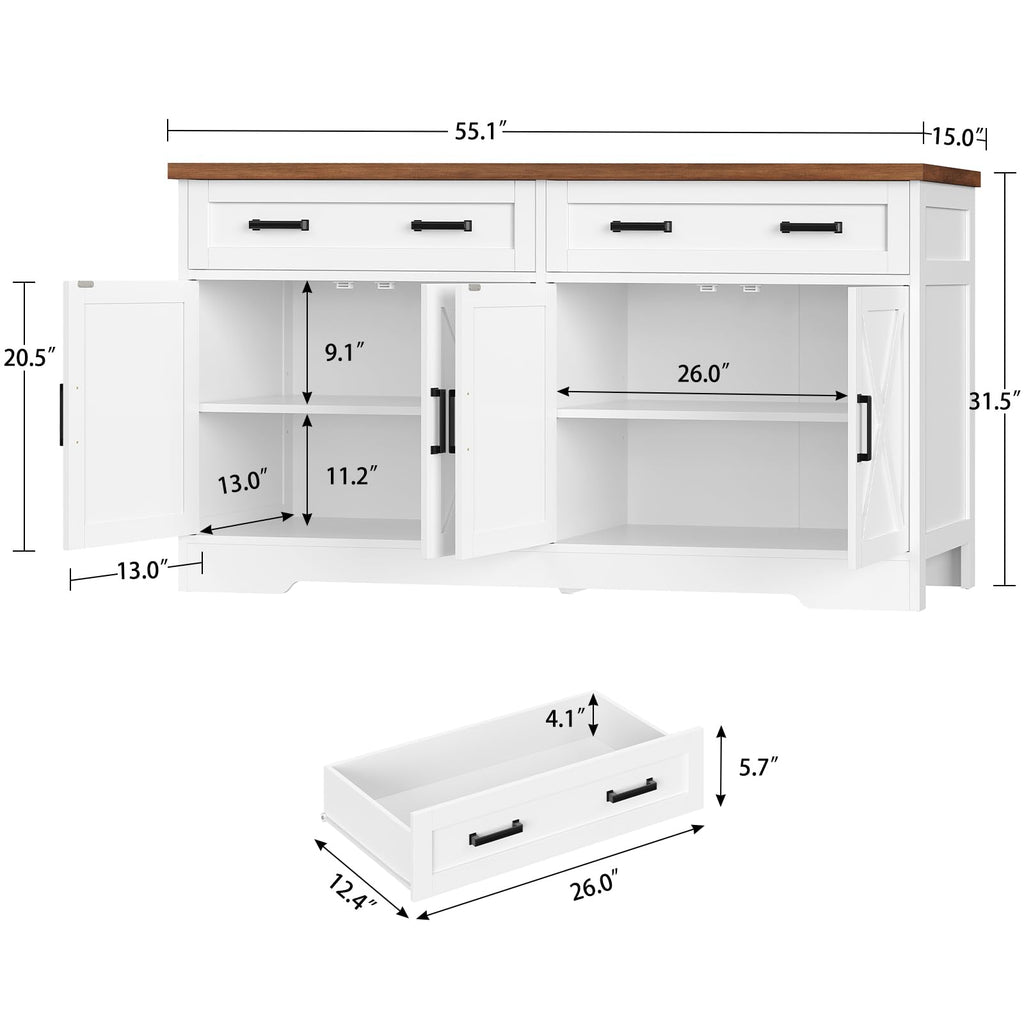 55''W Buffet Cabinet with Storage, Sideboard Cabinet with 2 Drawers & 2 Adjustable Shelves, Farmhouse Coffee Bar