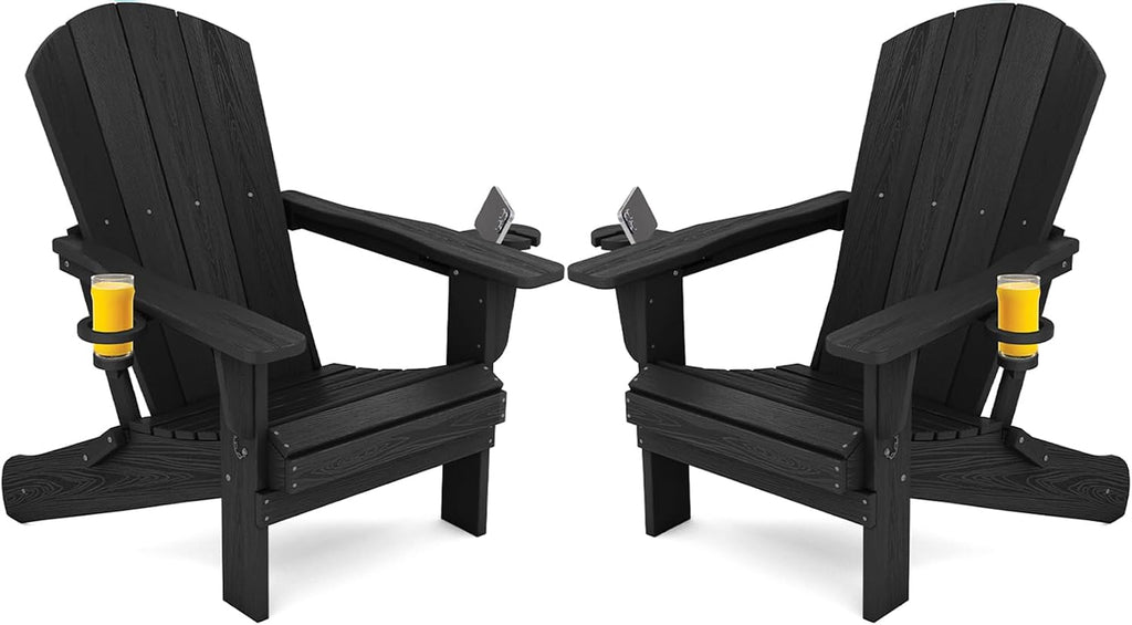 Outdoor Adirondack Chair Set of 2 with 2 Cup Holders,Foldable,Black | HDPE Composite,Waterproof,Wood Grain,Cup &