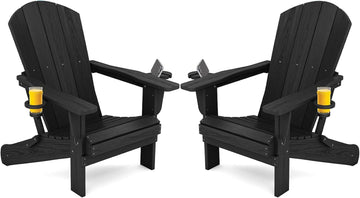 Outdoor Adirondack Chair Set of 2 with 2 Cup Holders,Foldable,Black | HDPE Composite,Waterproof,Wood Grain,Cup &
