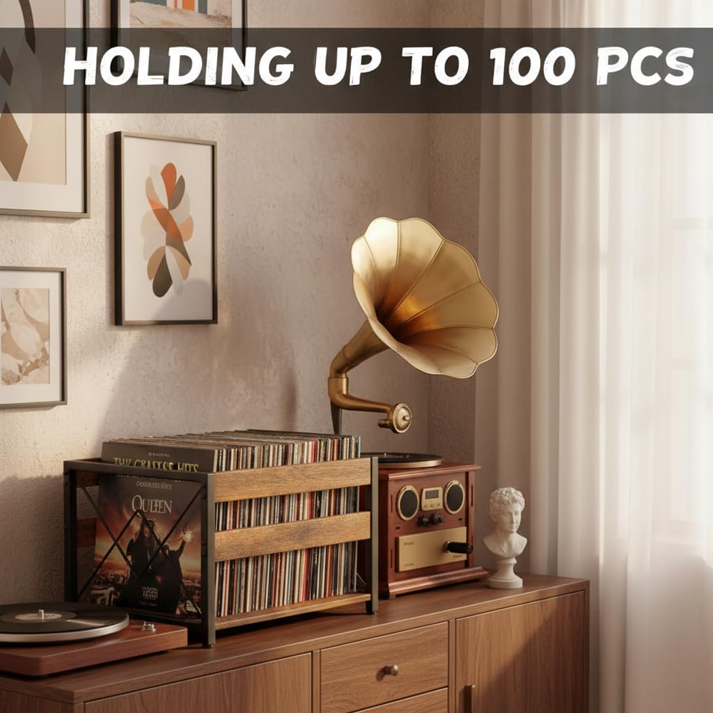 Vinyl Record Storage Crate, Wooden Storage Box, Classic Cube CD Albums Shelf Holder Organizer, Holds Up to 100+