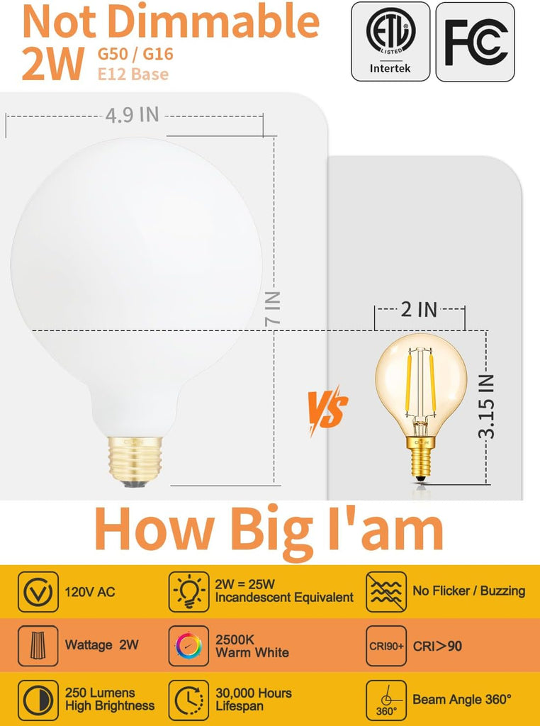 2W LED Globe Bulbs G16.5 Edison E12 4000K Neutral White, 12-Pack | 250LM 25W Equivalent, Clear Glass Vintage Edison