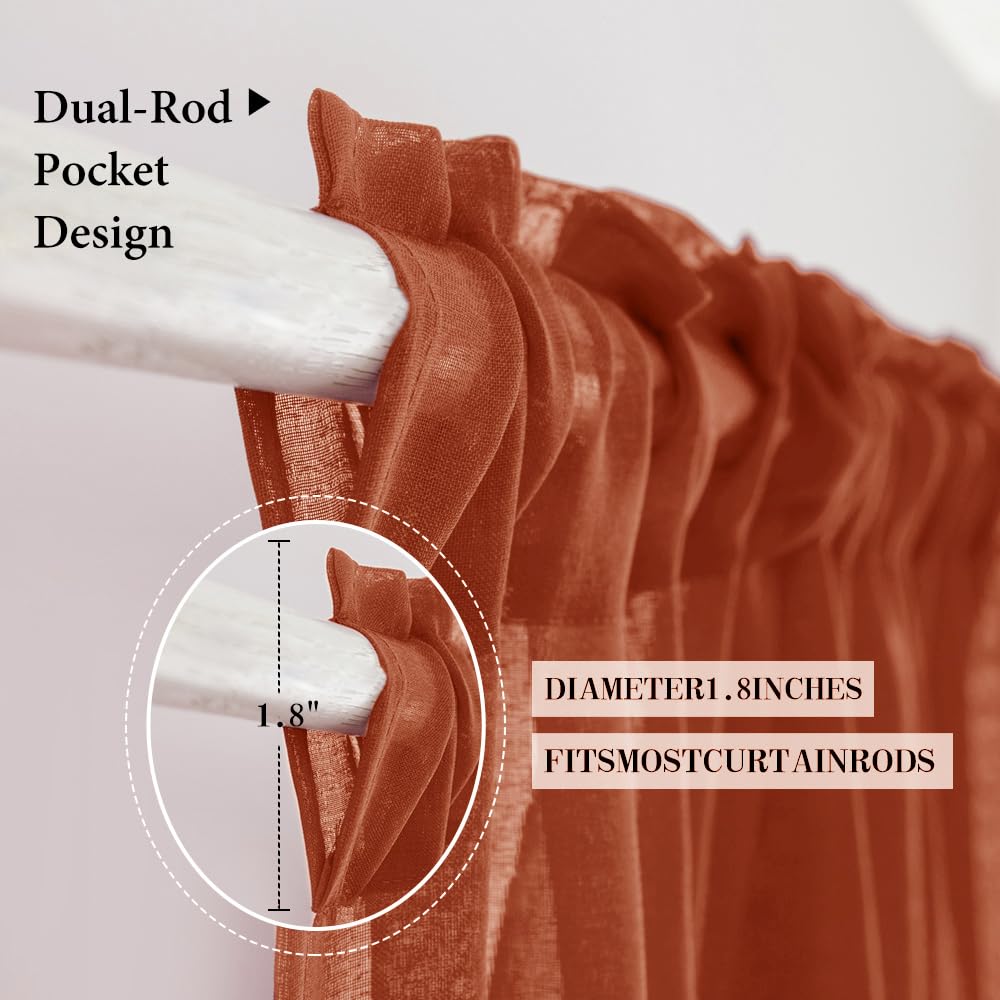 Boho Fall Terracotta Linen Textured Sheer Curtains 54W×72L 2 Panels