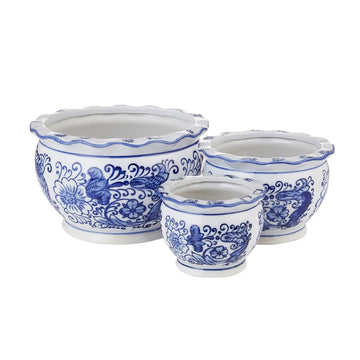 Blue and White Planters, Ceramic Plant Pots Indoor with Drainage, Set of 3