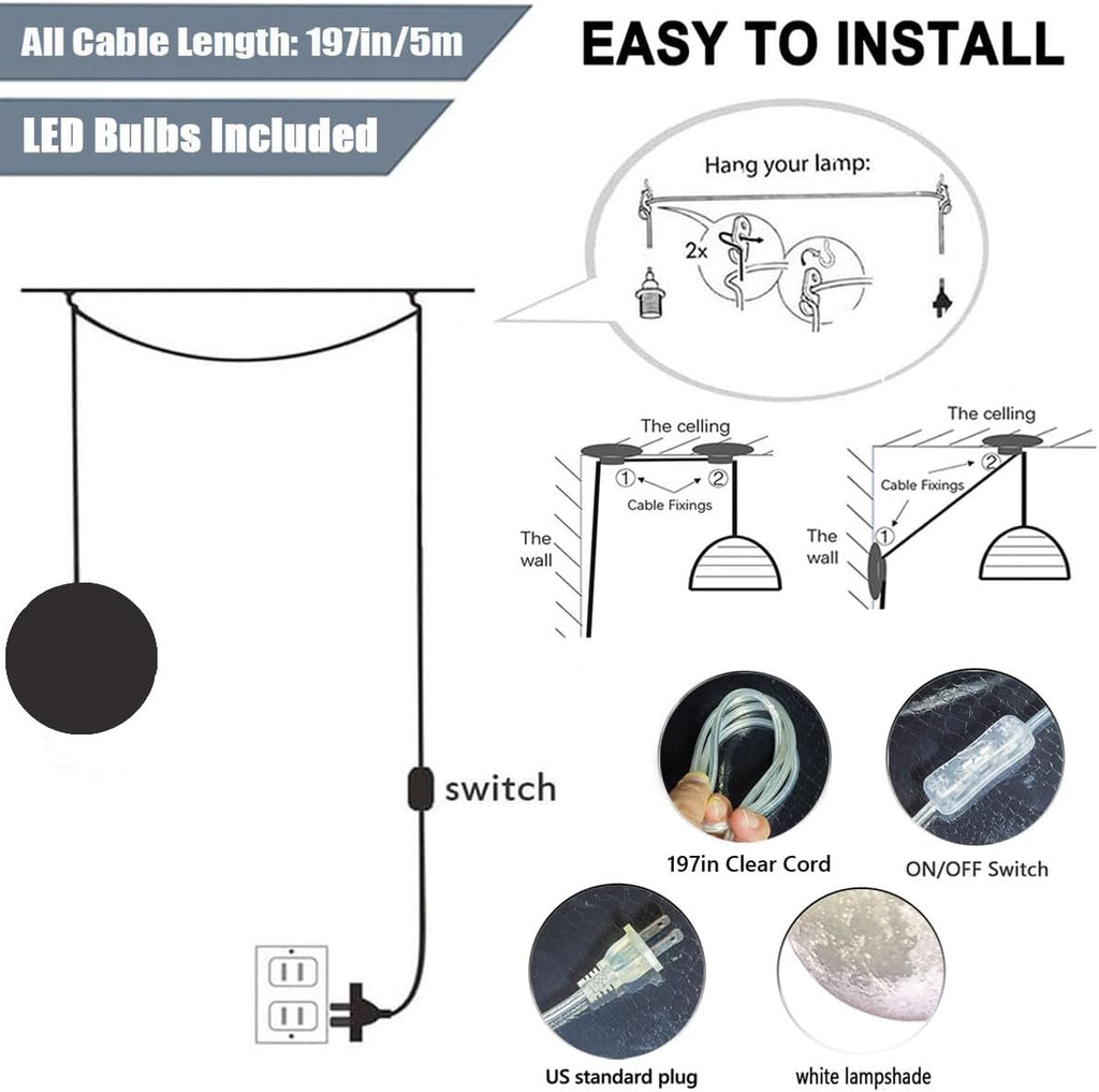 Plug-in Moon Pendant Light, Hanging Lamp with Switch & Cord, Color Dimmable LED Ceiling Lamp for Kids' Bedroom or