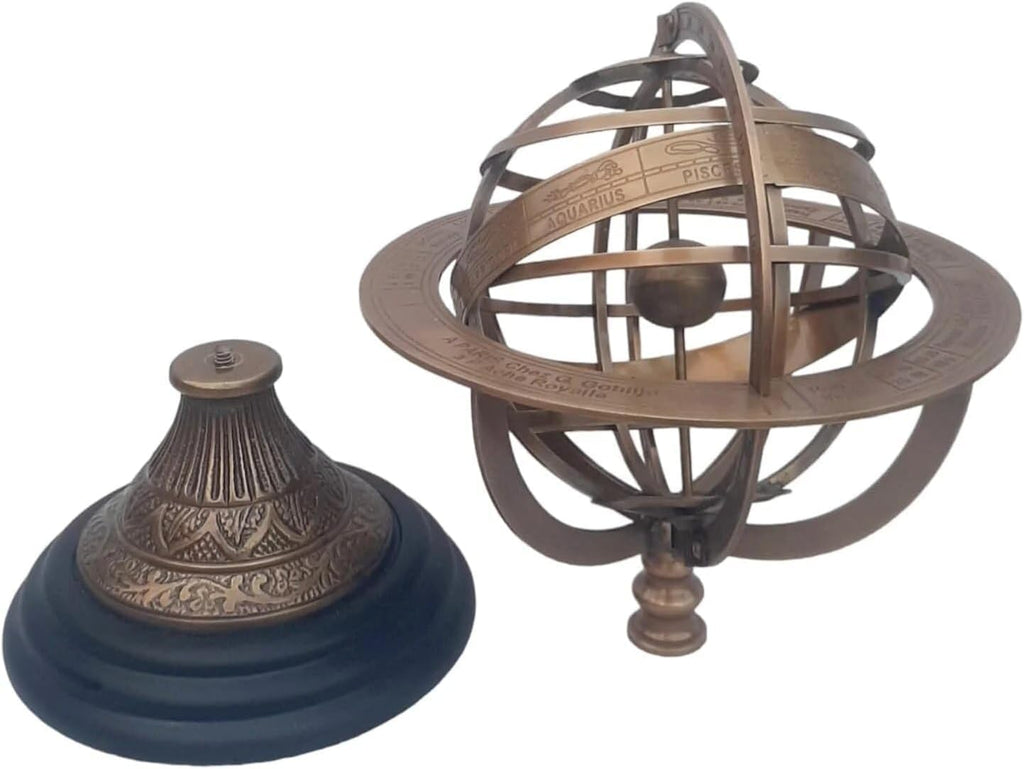 Vintage Brass Armillary Engraved Sphere Wooden Base Armillary, Unique Table Decor 11.25" Height, 5" Armillary Gift