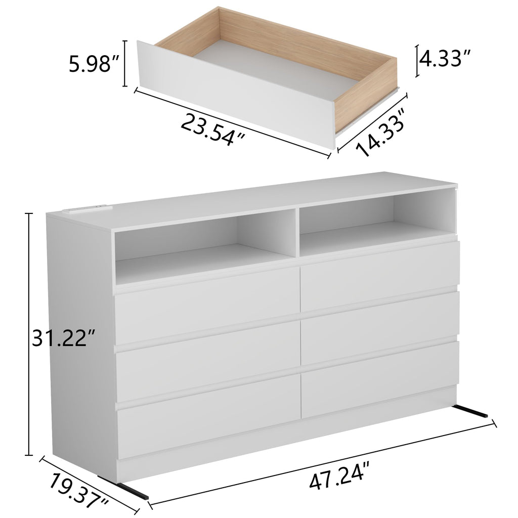 White 6 Drawers Double Dresser with Power Outlet & LED Light