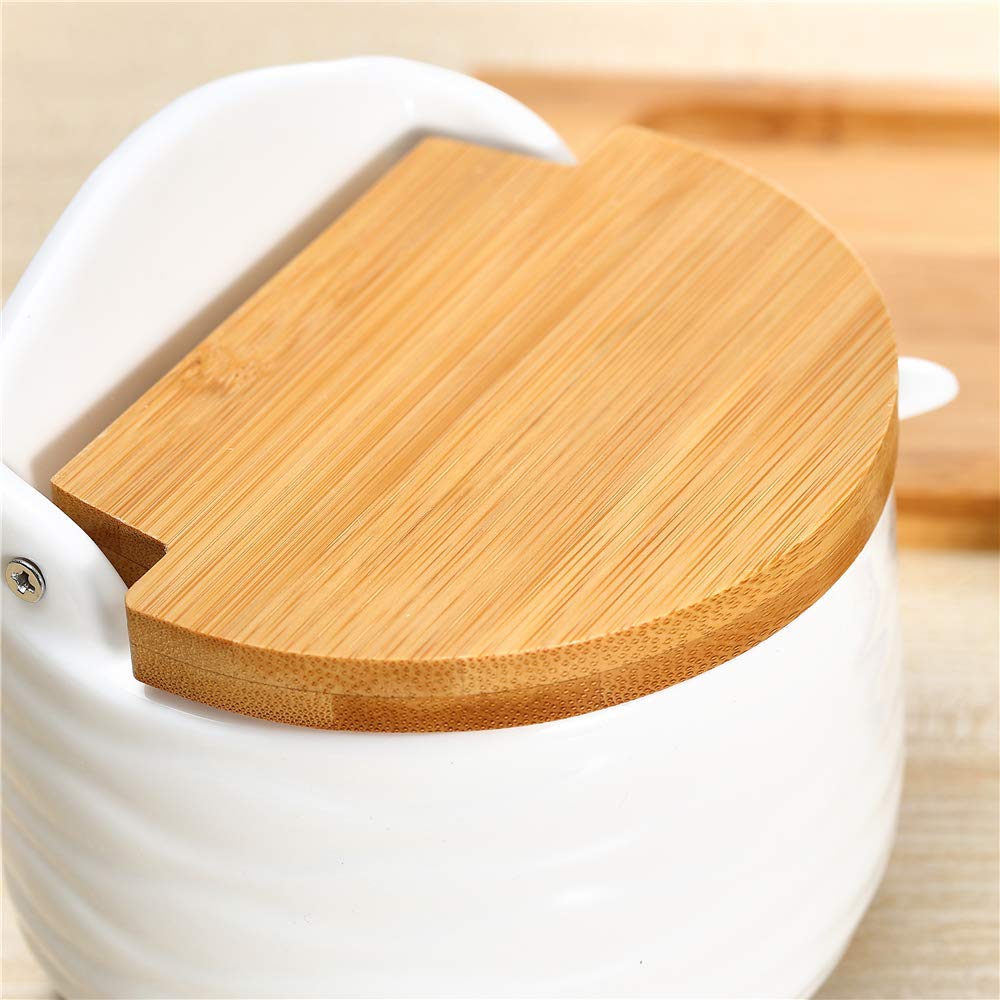 Ceramic Sugar Bowl with Bamboo Lids and Spoons Serving Tray, Porcelain Sugar Container for Sugar Tea Coffee