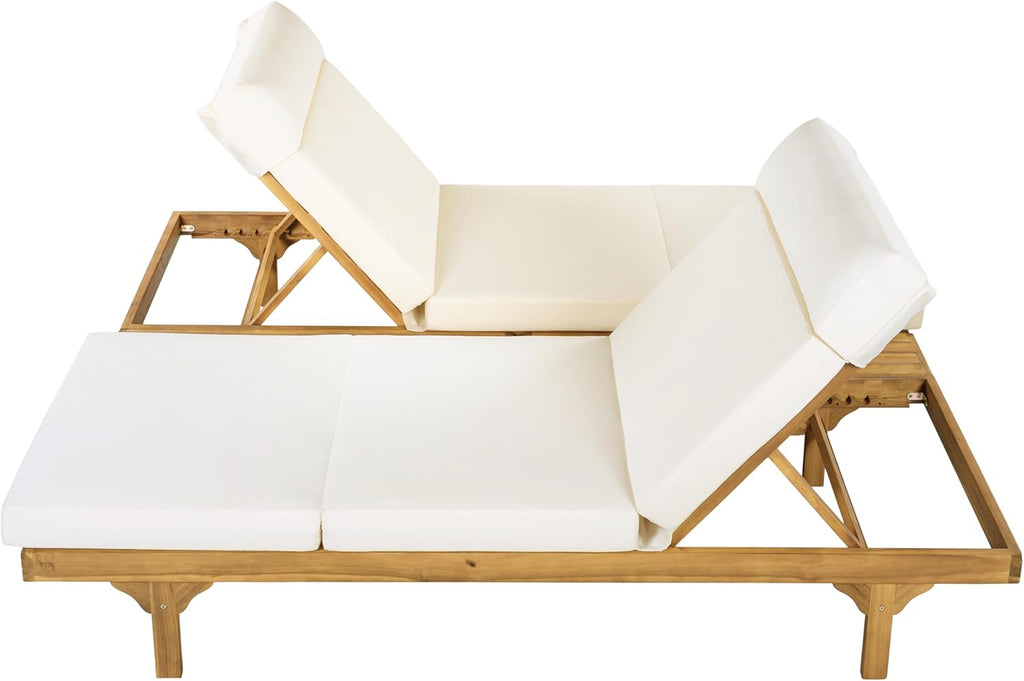 Acacia Wood Chaise Lounge Chair Set of 2, Double/Single Outdoor Sunbathing Pool Lounger with 4'' Four-Folds Cushion