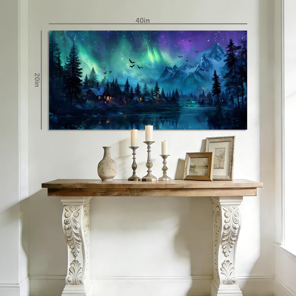 A Borealis Northern Lights Canvas Wall Art Mountain Landscape Cabin Painting Flat Print Gallery Wrapped Night Sky