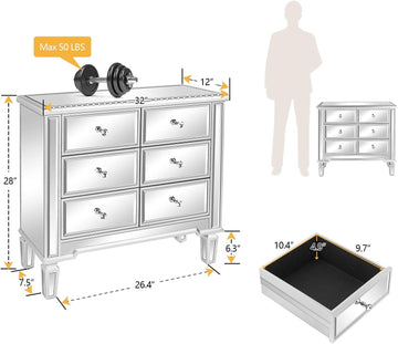 Mirrored Dresser with 6 Storage Drawer Modern Chest of Drawers, Silver, 32"L x 12"W x 28"H