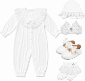 Baptism Baby Girl Outfits, White Christening Outfit Set Includes Bonnet,Headband, Shoes & Socks for Newborn Infant