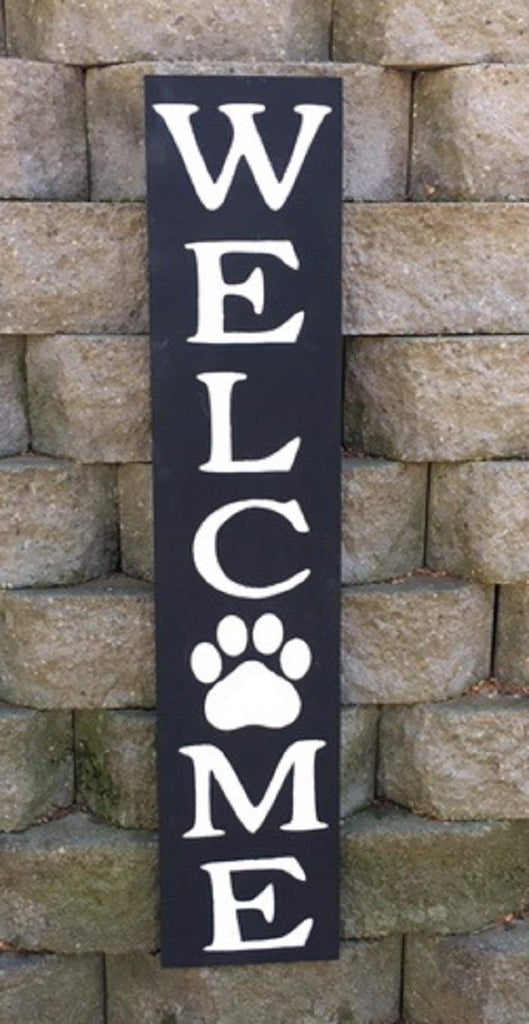 Paw Print Vertical Welcome Sign - Wooden with Hanger, 9" x 42"