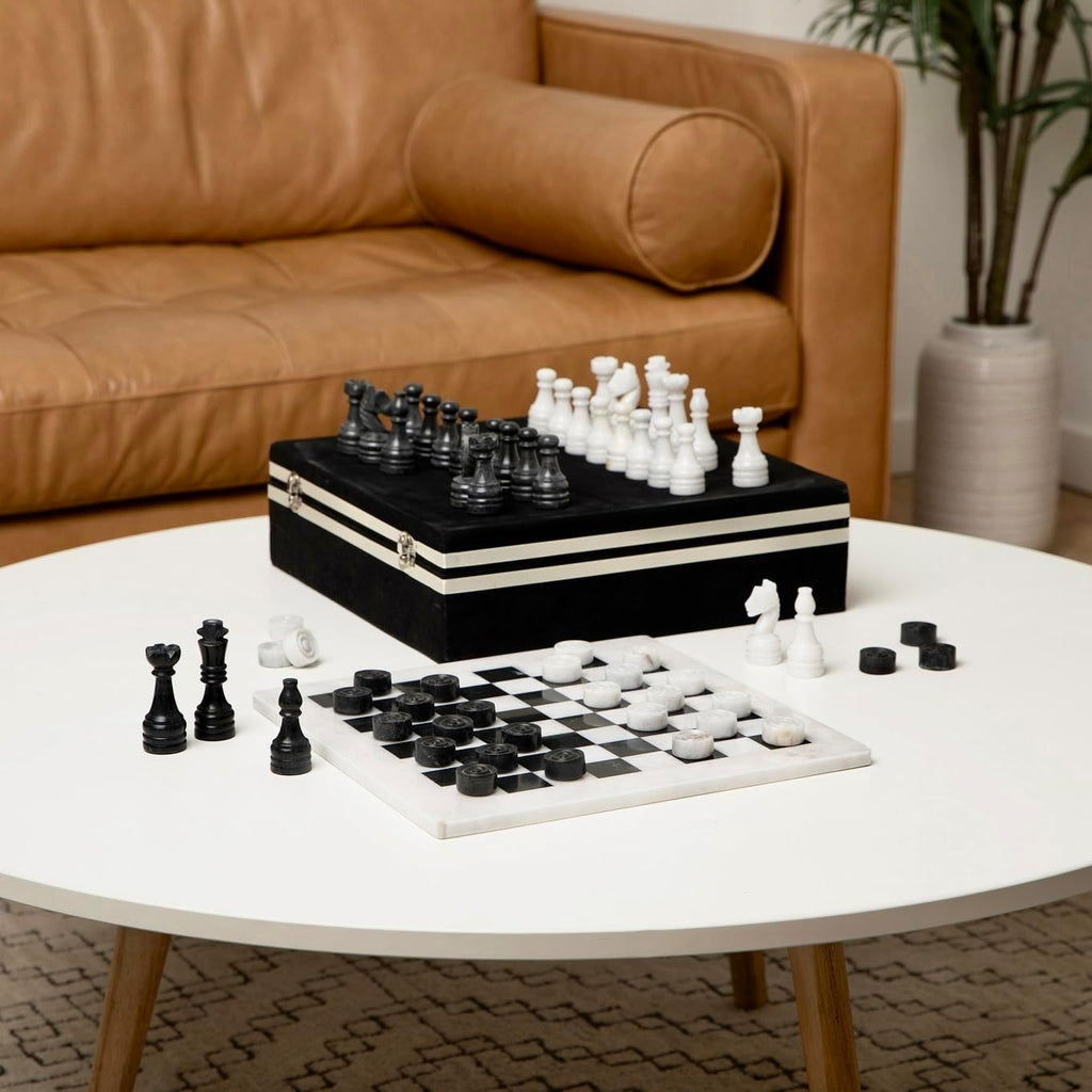 Marble Chess and Checkers Set - Luxury Tabletop Game and Coffee Table Decor - Elegant 3-in-1 Marble Game for Room - Set of 56