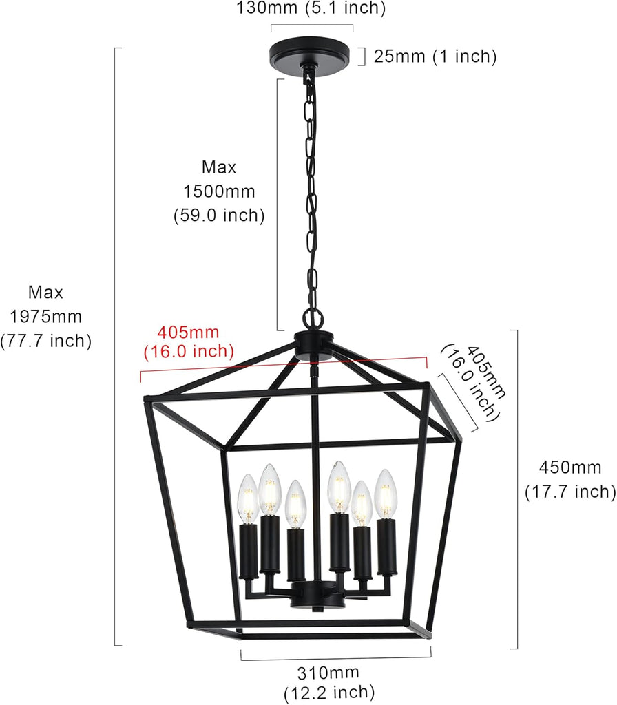 6-Light Black Farmhouse Chandelier 16 Inches Cage Hanging Lights Rustic Lantern Pendant Lighting for Kitchen Island Dining Room Foyer Hallway, E12 Base A128-B0C49LN426