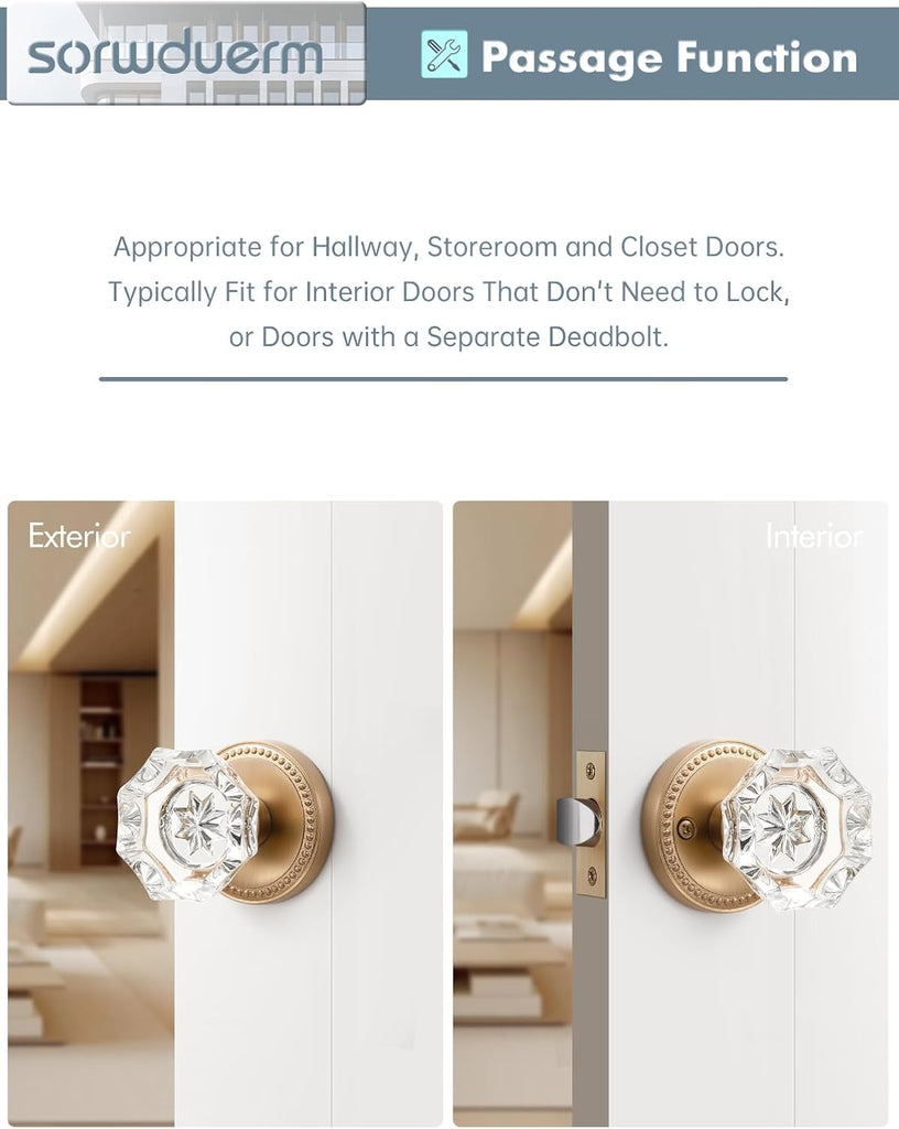 Door Knob Champagne Bronze Passage Crystal Glass Interior 1 Pack