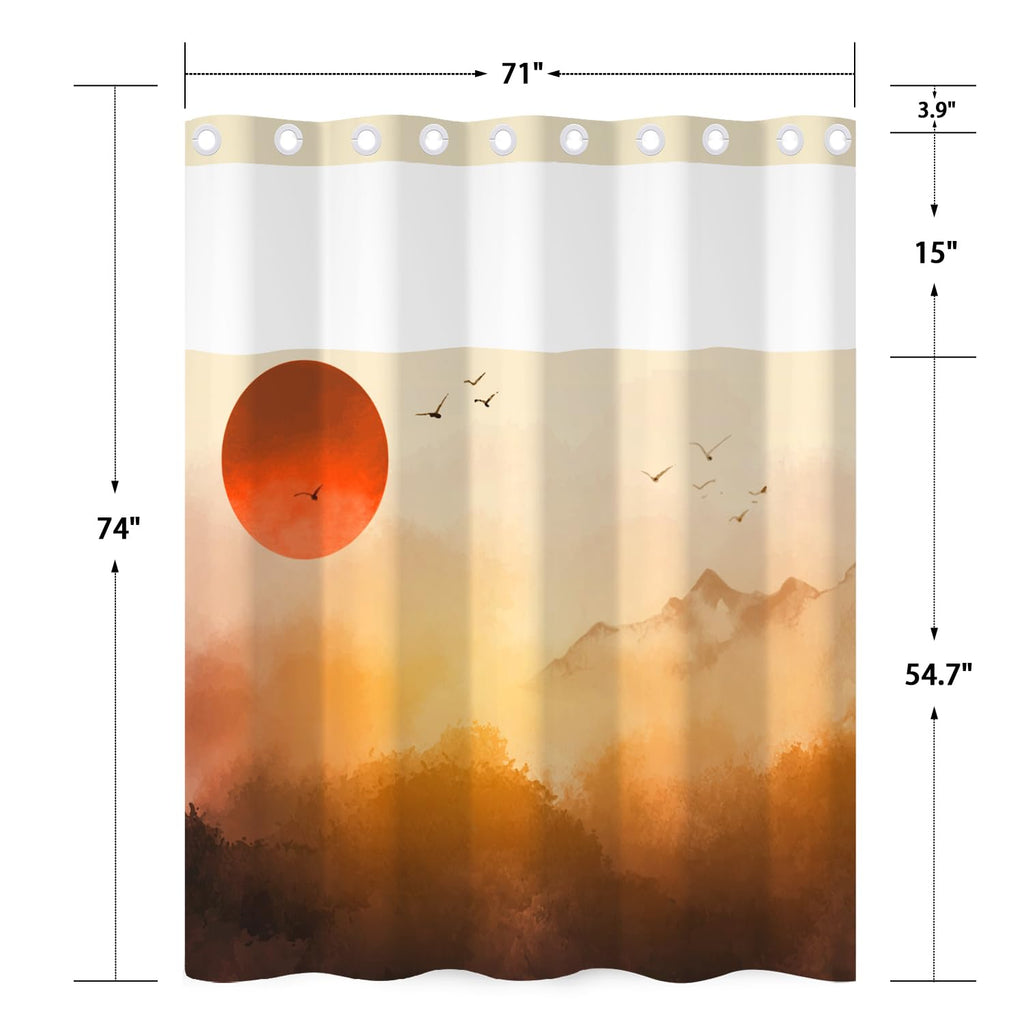 No Hook Shower Curtain and Snap in Liner Set, Watercolor Sunset Mountain Landscape Print Shower Curtains for Warm
