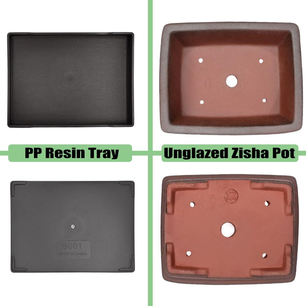 Decorative Ceramic Bonsai Planter Pot 8.5 Inch with Tray, Breathable Unglazed Rectangle Terracotta Clay Pot for Tree