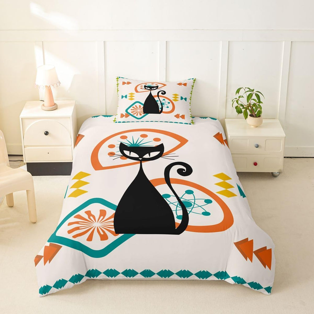 Mid Century Retro Cat Bedding Duvet Cover Set Twin Size for Kids Bedroom