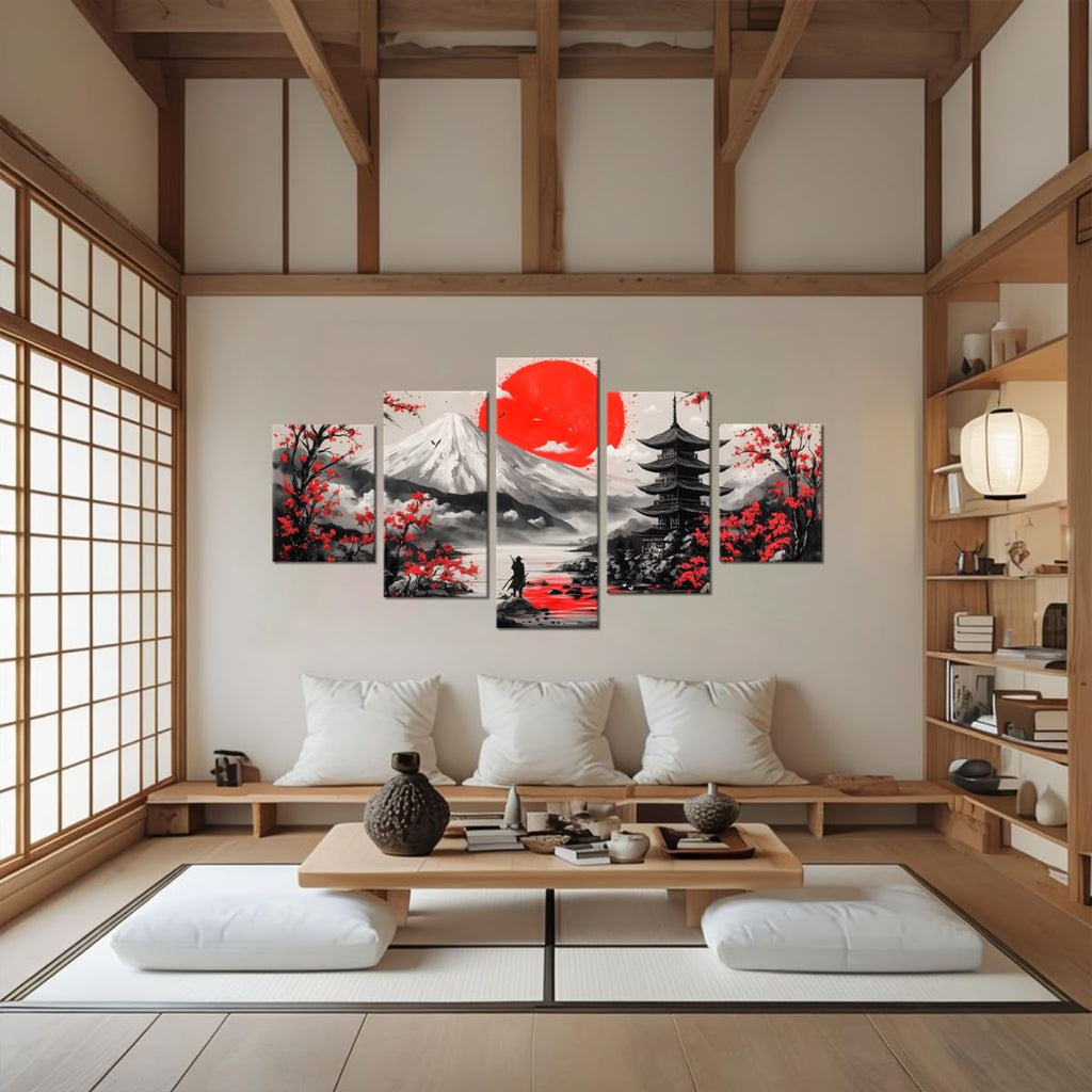 Japanese Samurai Wall Art Red Sun Cherry Blossom Mount Fuji Theme Pictures Wall Decor Prints Paintings Bedroom Office