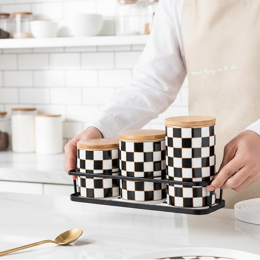 Small Checkered Kitchen Canister with Black Metal Stand,17/19/27oz - Set of 3