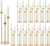 16PCS Gold Candle Holders, 3 Arm Candelabra Centerpiece with Acrylic Lampshade, Tall Metal Candlestick Holder Stand