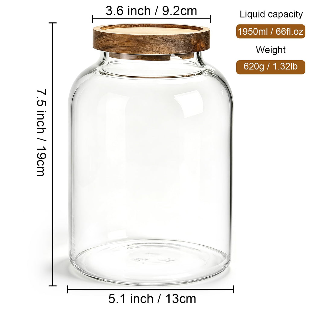 2 Pack Large Glass Food Storage Jar with Airtight Wooden Lid, 66 FL OZ(1950ml) Glass Food Canister and Pantry