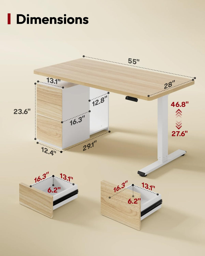 Executive Standing Desk w/Drawers & Dual Motor, White Oak & 55"