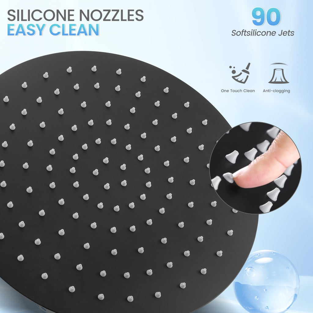 10 Inch Matte Black Round Rain Shower Head, All Metal Stainless Steel Rainfall Shower Heads with 100 Anti-Clog