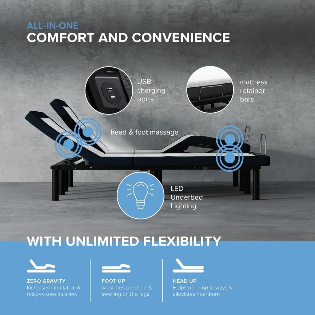 Z4 Adjustable Bed Frame for Storage Beds with Massage Anti-Snore, Zero G, USB Charging Station, Wireless Remote Head