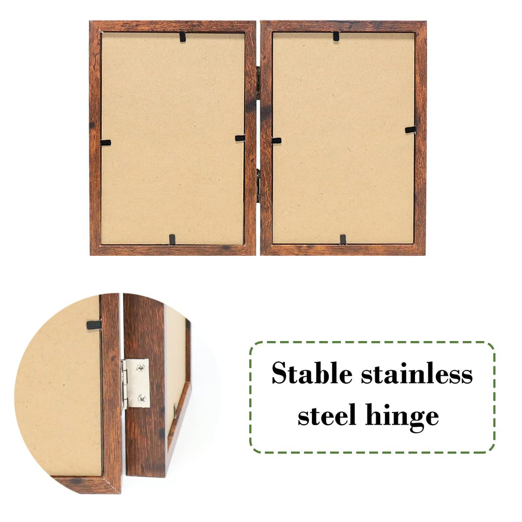 4x6 Double Picture Frame Rustic Brown Wooden Hinged Beveled Photo Frame Definition Glass 2 Vertical Openings Stand on
