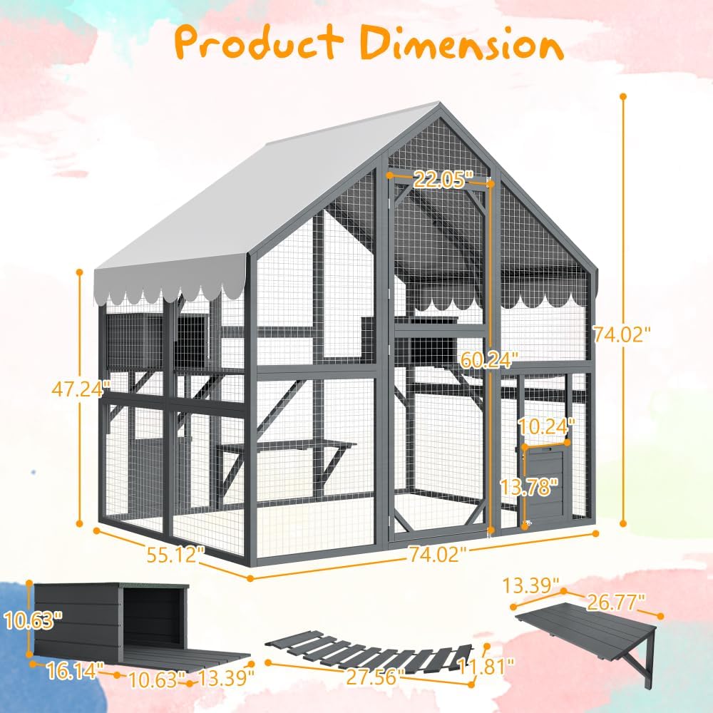 Large Outdoor Cat Enclosure with Wooden Frame, Suspension Bridges, Walking Paths, Cozy Resting Houses
