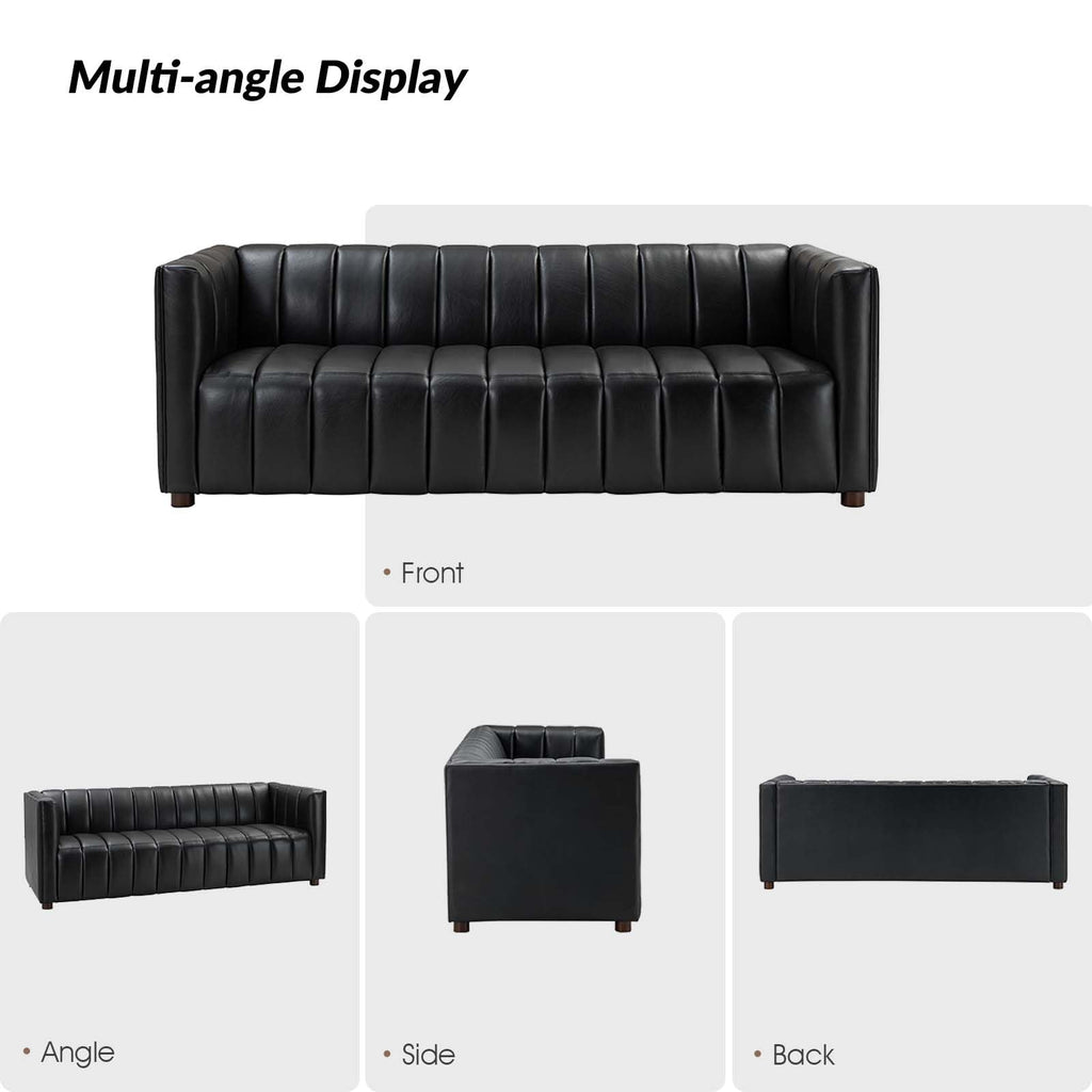 83" Genuine Leather Sofa with Channel Tufted Design, Black