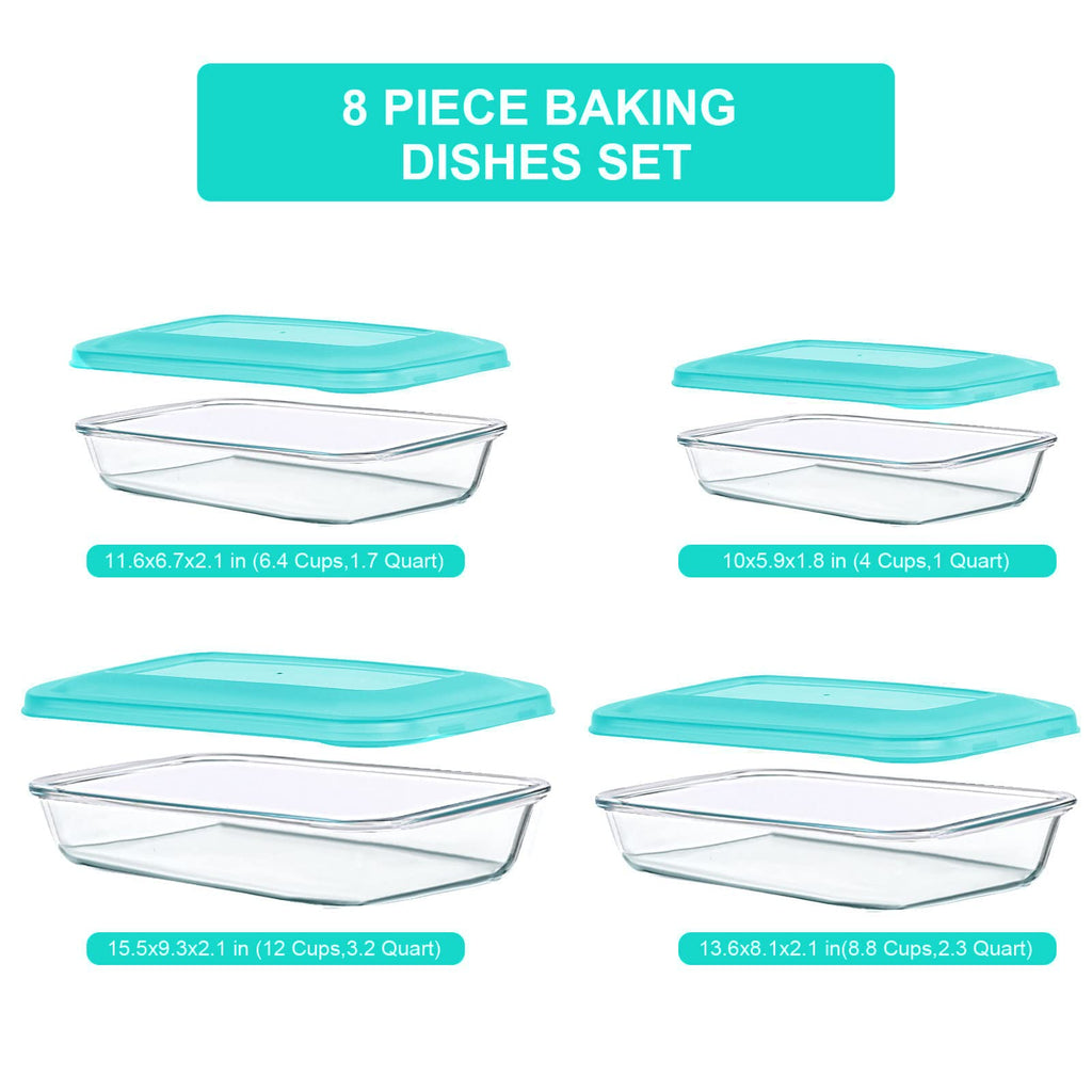 8 Pieces Glass Baking Dish with Lids, Green