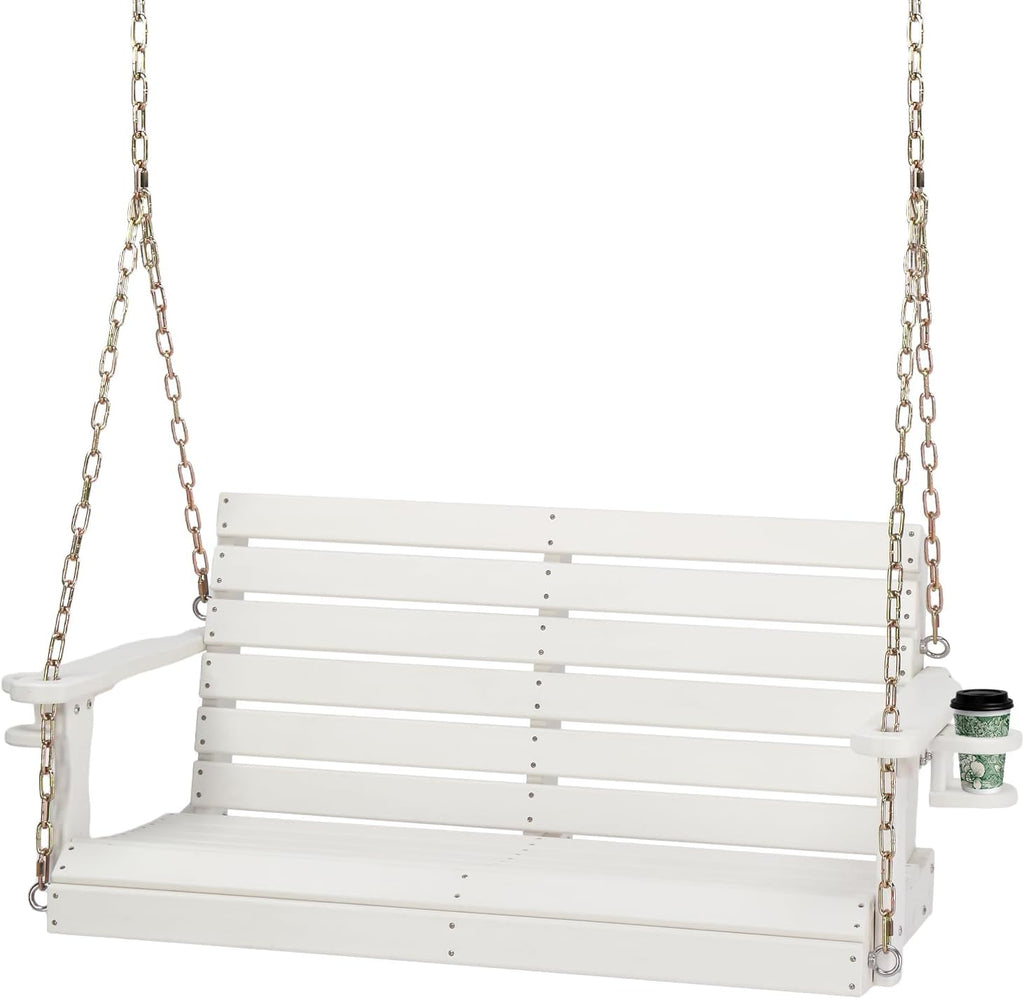 4FT HDPE Porch Swing Outdoor with Rotatable Cup Holder, White | 1600 LBS Heavy Duty Recycled Plastic Porch Swing with