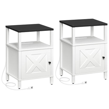 Set of 2 Farmhouse Nightstand with Charging Station, Night Stand End Table with USB Ports, Barn Door Bedside Table