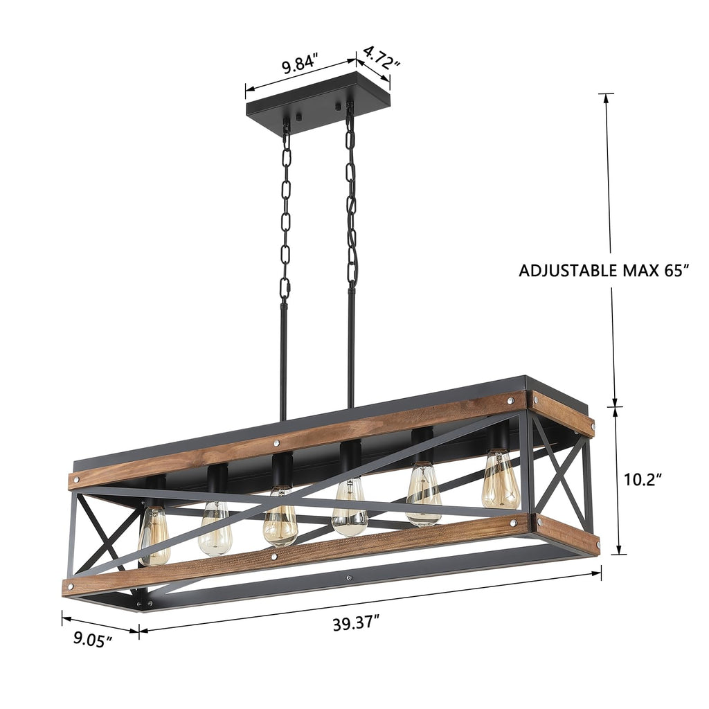 Rustic Farmhouse Wood Kitchen Island Lighting, 6 Lights Rectangular Pendant Light Fixture, Adjustable Chain Oak Wood