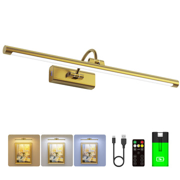 24" Picture Frame Light with 1pcs Extra 8000mAh Battery - Brass Cordless Rechargeable Wall Sconce with Remote & Large