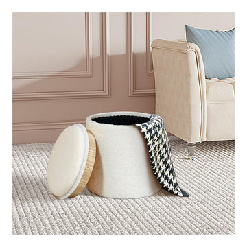 Round Storage Ottoman with Tray, Off-white Boucle Footstool
