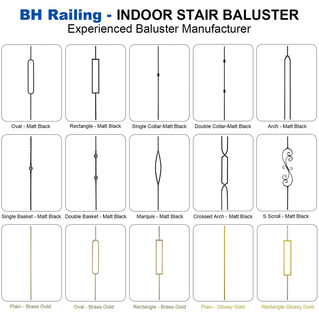 44" Iron Double Collar Balusters for Staircase Interior, 1/2" Hollow Stair Balusters, Matte Black Metal Balusters